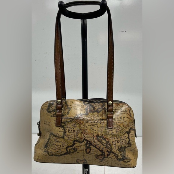 Patricia Nash Sophie Leather Satchel Shoulder Bag TWIST LOCK ZIPPER MAP PRINT - Picture 1 of 7